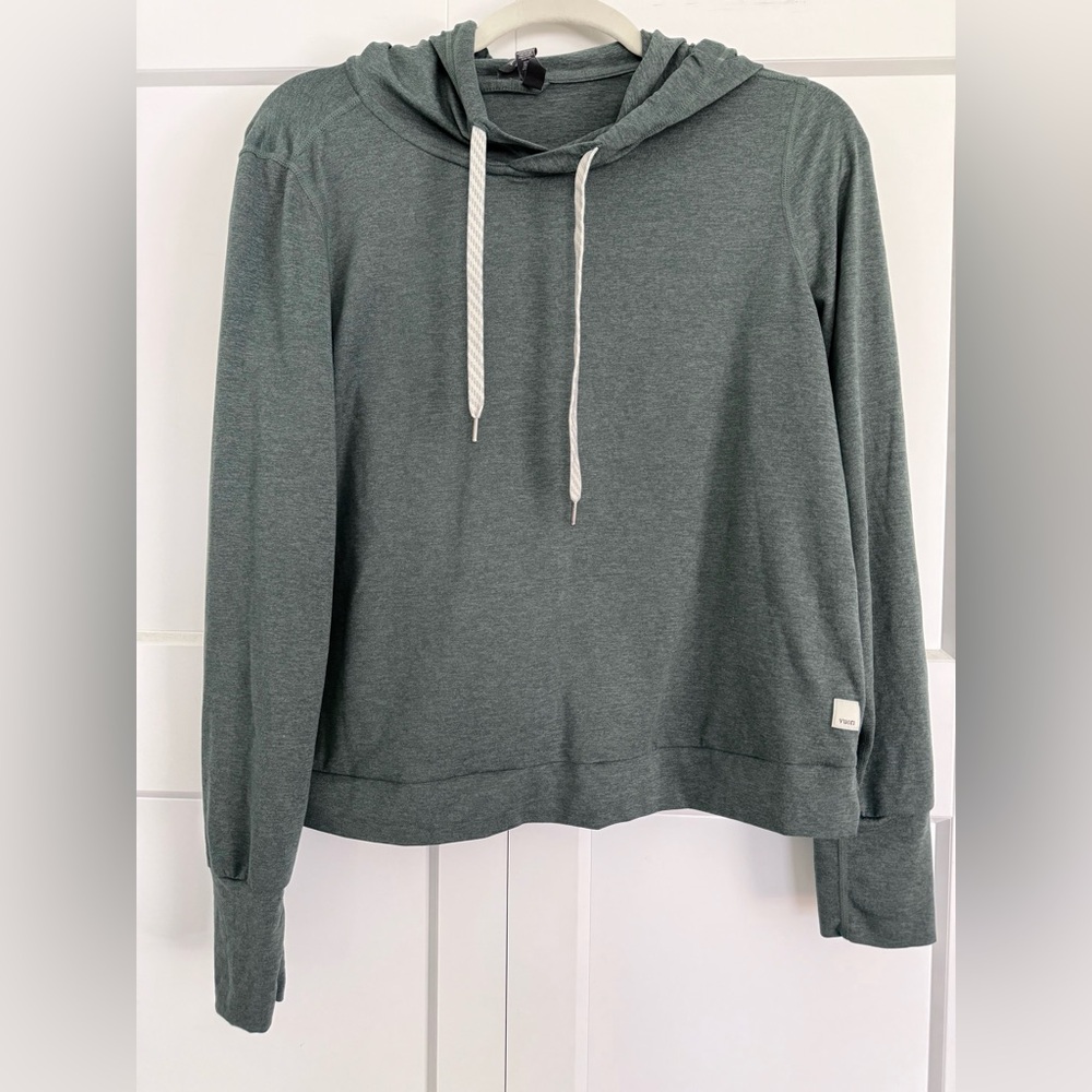 Vuori Olive Green Pullover Cropped Hoodie with White Drawstrings
